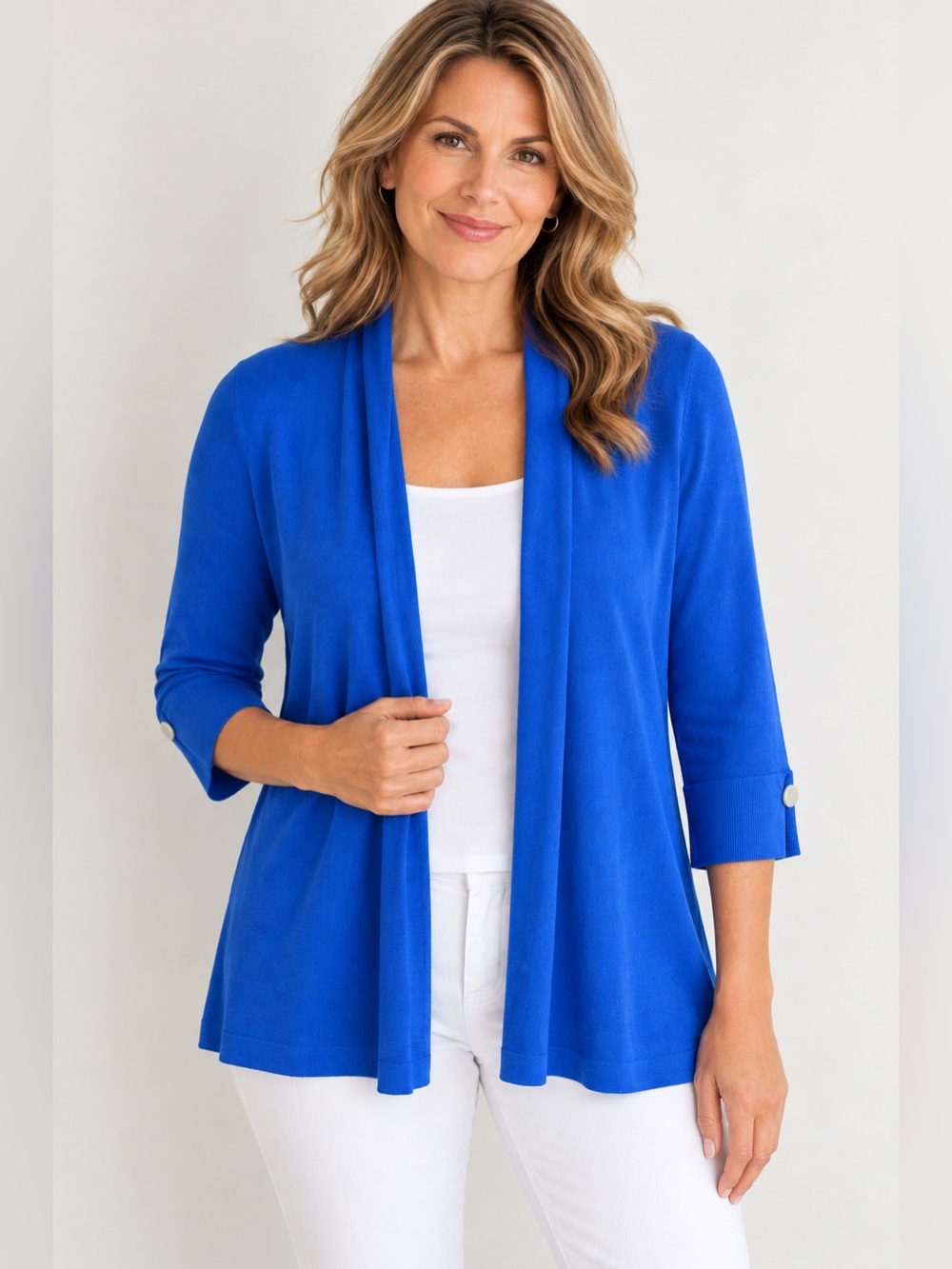 Chico’s Cobalt Blue Open Front Cotton Cardigan Lightweight 3/4 Sleeve 00 XS